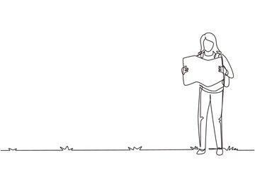 Continuous one line drawing cute teenage girl carrying heavy backpack examining map in mountains. Healthy lifestyle and tourism concept. Outdoor traveling. Single line draw design vector illustration