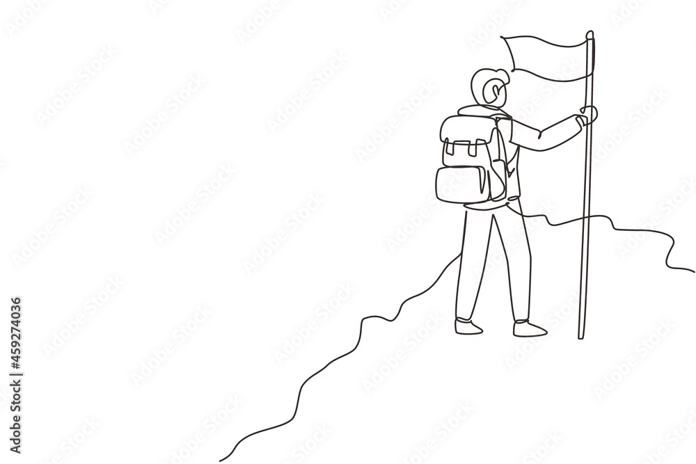 Poster single continuous line drawing cheerful man climber standing on the top of mountain with flag. young