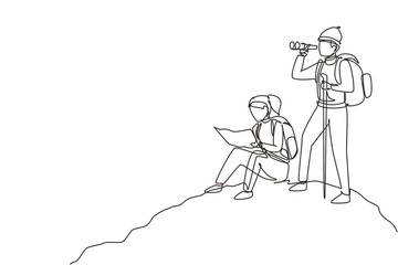 Continuous one line drawing couple man woman hikers with backpacks, binocular, and hiking gear reading route map. Looking for direction, trekking location. Single line draw design vector illustration
