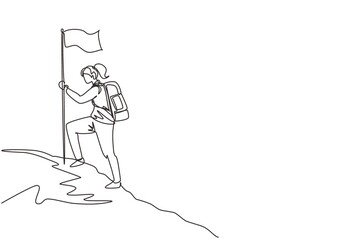 Continuous one line drawing young woman with backpack standing on top of the mountain, female tourist hiking on nature, summer holidays adventure. Single line draw design vector graphic illustration
