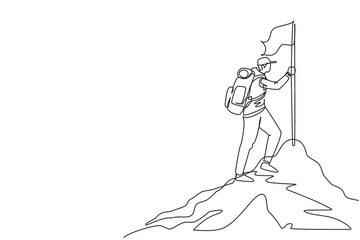 Continuous one line drawing climber in uniform with flag on snowed mounts peak. Happy man climber reached mounts summit enjoying picturesque view. Single line draw design vector graphic illustration