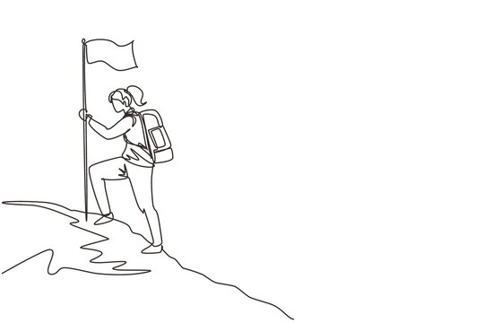 recommend clip art: Continuous one line drawing young woman with backpack standing on top of the mountain, female tourist hiking on nature, summer holidays adventure. Single line draw design vector graphic illustration