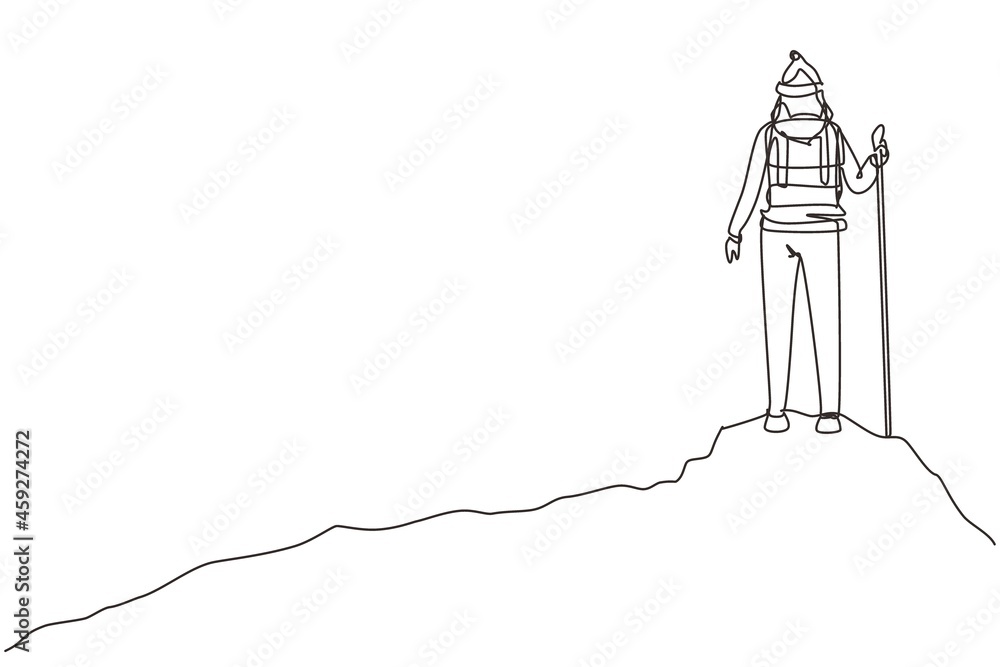 Poster single continuous line drawing woman with backpack standing on top of the mountain. young smiling mo