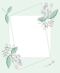 Design for a greeting card with flowers in gentle colors. Vector illustration, geometric and vegetative composition.