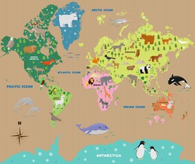 Naklejka premium animal map of the world with for children, vector flat illustration, cartoon poster on carton background, eco or natural design for kids