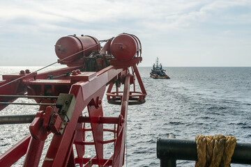 A taut wire equipment on board a dynamic positioning construction vessel at offshore oil field - obrazy, fototapety, plakaty