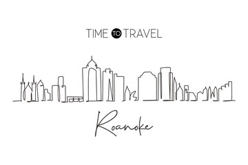 Single one line drawing Roanoke city skyline, Virginia. Historical town landscape in world. Best holiday destination wall decor. Editable stroke trendy continuous line draw design vector illustration