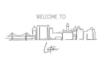 Continuous one line drawing Luton city skyline, England. Famous city for wall decor print. Best world travel destination concept. Editable stroke single line draw design vector graphic illustration