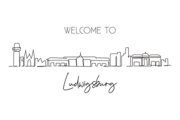 Single continuous line drawing Ludwigsburg city skyline, Germany. World historical town landscape. Best holiday destination postcard. Editable stroke trendy one line draw design vector illustration