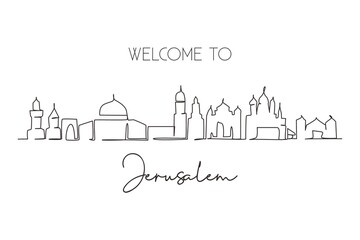 Single one line drawing Jerusalem city skyline, Palestine. Famous holy city for wall decor print. World travel concept. Editable stroke modern continuous line draw design graphic vector illustration