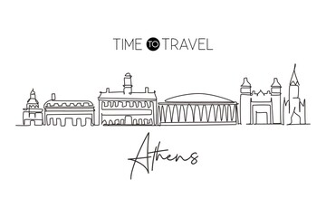 Continuous one line drawing Athens city skyline, Ohio. Beautiful landmark. Beautiful world landscape tourism travel wall decor poster, postcard. Single line draw design vector graphic illustration - obrazy, fototapety, plakaty