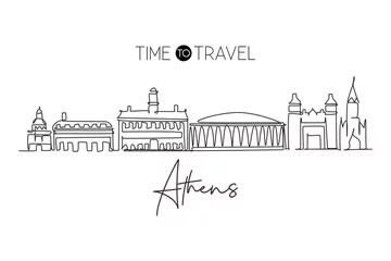 Fotobehang Continuous one line drawing Athens city skyline, Ohio. Beautiful landmark. Beautiful world landscape tourism travel wall decor poster, postcard. Single line draw design vector graphic illustration © Simple Line