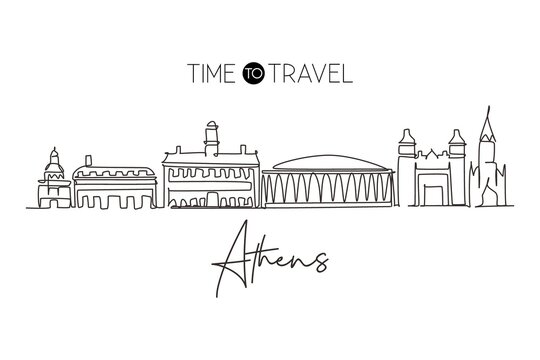 Continuous One Line Drawing Athens City Skyline, Ohio. Beautiful Landmark. Beautiful World Landscape Tourism Travel Wall Decor Poster, Postcard. Single Line Draw Design Vector Graphic Illustration