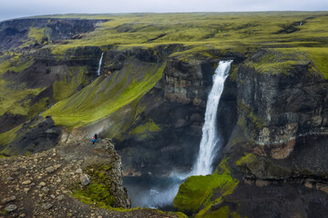 Aerial view of Haifoss Waterfall in Landmannalaugar canyon, Iceland