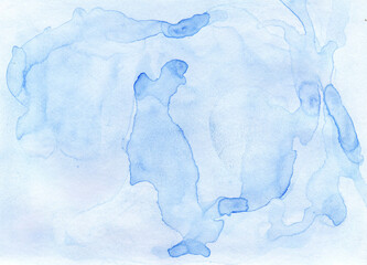 Naklejka premium Abstract blue watercolor background. Bright blue handdrawn abstraction. Watercolor texture for art card or flyer. Blue water color banner template. Washable paint and stains on paper.