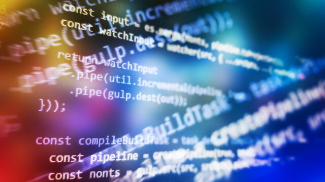 Javascript functions, variables, objects. Project managers work new idea. Future technology creation process.