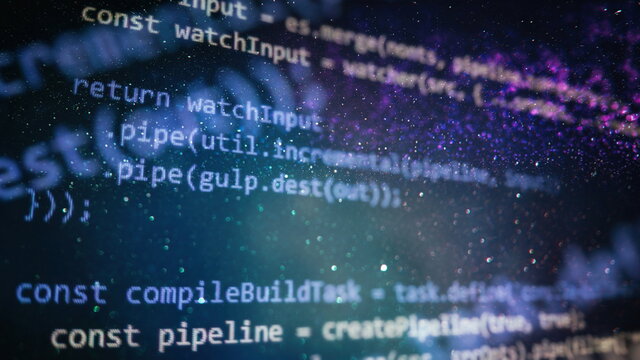 Desktop PC monitor photo. Javascript functions, variables, objects. Project managers work new idea. Future technology creation process.