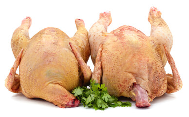 Two raw chickens and greens.