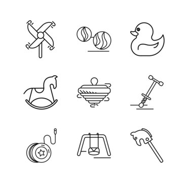 Icon set of oak, duck, rocking horse, yoyo, hand mill, swing and swivel toy and more. Fun and game icon. Child toy set. Editable row set. Linear icon set.