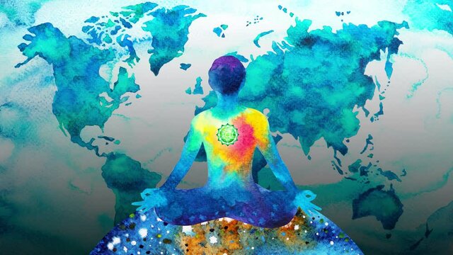 human meditation chakra mind mental spiritual yoga meditate universe world connection reiki symbol art watercolor painting illustration design stop motion ultra hd 4k animation