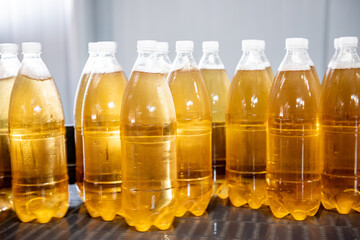 Conveyor belt with bottles for juice or water at a modern beverage plant