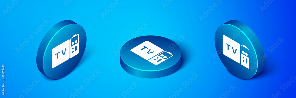 Poster isometric multimedia and tv box receiver and player with remote controller icon isolated on blue bac