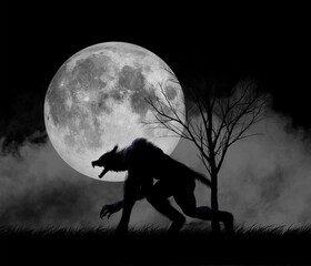 Illustration of a werewolf in silhouette against a full moon with a bare tree and fog in the background