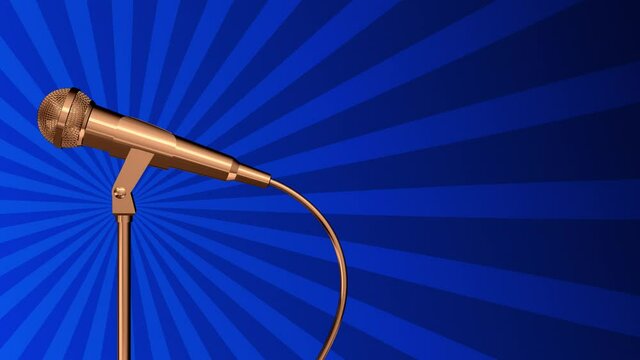 Golden microphone rotating on a stand. Light rays are spinning on a blue background. Seamless looping