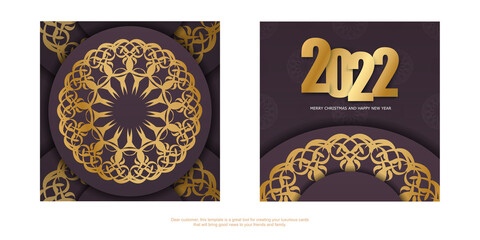 2022 holiday card Merry christmas burgundy color with vintage gold pattern