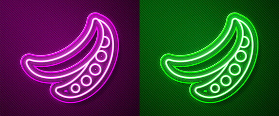 Fototapeta premium Glowing neon line Green peas icon isolated on purple and green background. Vector