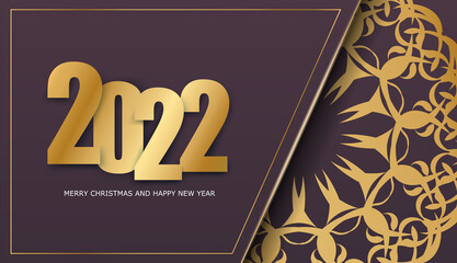 2022 holiday card Happy new year burgundy color with luxury gold ornament