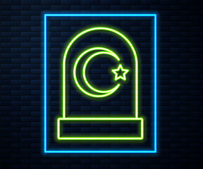 Glowing neon line Muslim cemetery icon isolated on brick wall background. Islamic gravestone. Vector