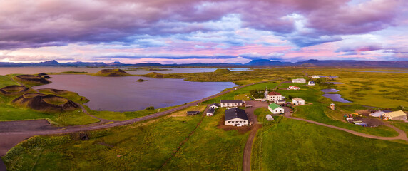 Aerial panoramic view of Myvatn, Iceland at epic sunset. Volcanic Craters In Green Plaints and link...