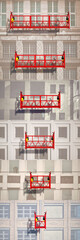 3D image, 3D rendering Suspended platforms of red color against the background of various facades, suitable for illustrations and construction sites