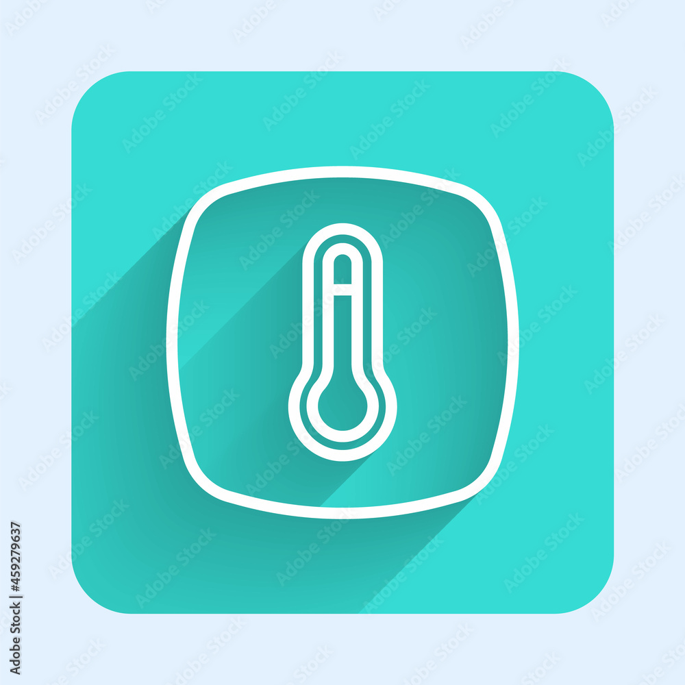 Poster white line thermostat icon isolated with long shadow. temperature control. green square button. vect