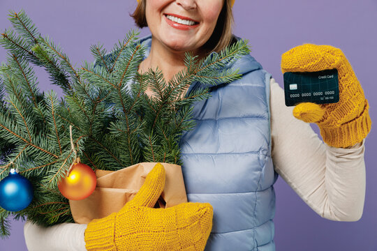 Close Up Cropped Mature Elderly Woman 55 Years Old Wears Blue Waistcoat Yellow Hat Mittens Hold Spruce Branches Show Credit Bank Card Isolated On Plain Pastel Light Violet Background Studio Portrait.