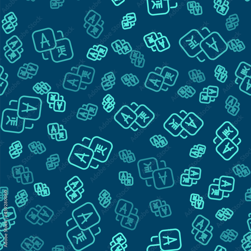 Poster green line translator icon isolated seamless pattern on blue background. foreign language conversati