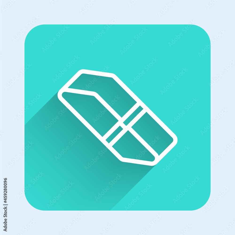 Poster white line eraser or rubber icon isolated with long shadow. green square button. vector