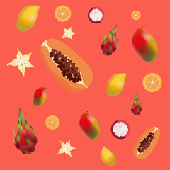 red background with exotic fruits