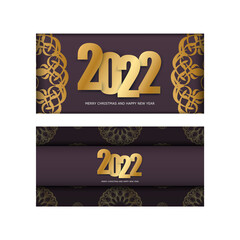 Naklejka premium Festive Brochure 2022 Happy New Year burgundy color with abstract gold ornament
