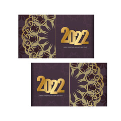 Holiday Flyer 2022 Merry Christmas and Happy New Year burgundy color with winter gold ornament