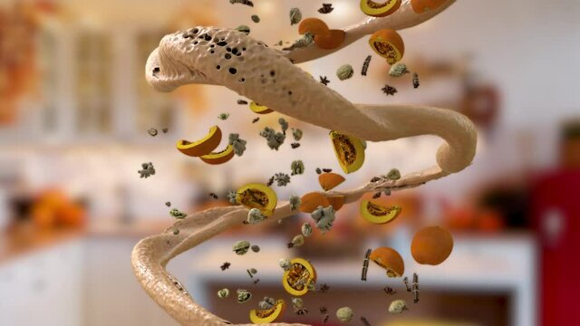 3d rendering of Falling Pumpkin Spice late Ingredients and background in an infinite loop with alpha channel
