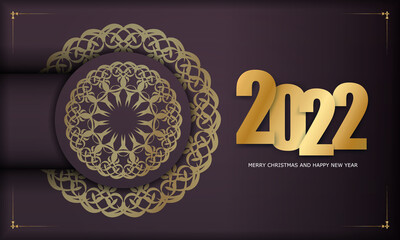 Holiday flyer 2022 happy new year burgundy color with abstract gold pattern