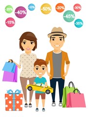 Family shopping. Happy parents and kid with lots of shopping. Vector illustration in a flat style. Cartoon