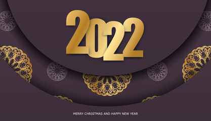 Postcard template 2022 Merry christmas burgundy color with vintage gold ornament