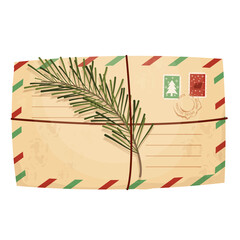 Christmas letter, envelope with stamp, seal and pine branch in cartoon style isolated on white background. Greeting, decoration. Vintage textured paper. . Vector illustration