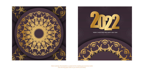 Obraz na płótnie Canvas Postcard template 2022 Merry christmas burgundy color with abstract gold ornament