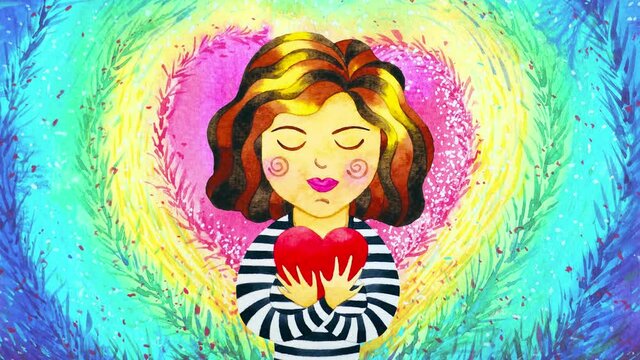 woman love yourself heal heart spirit mind health spiritual mental energy emotion connect universe power abstract art watercolor painting illustration design stop motion ultra hd 4k animation concept
