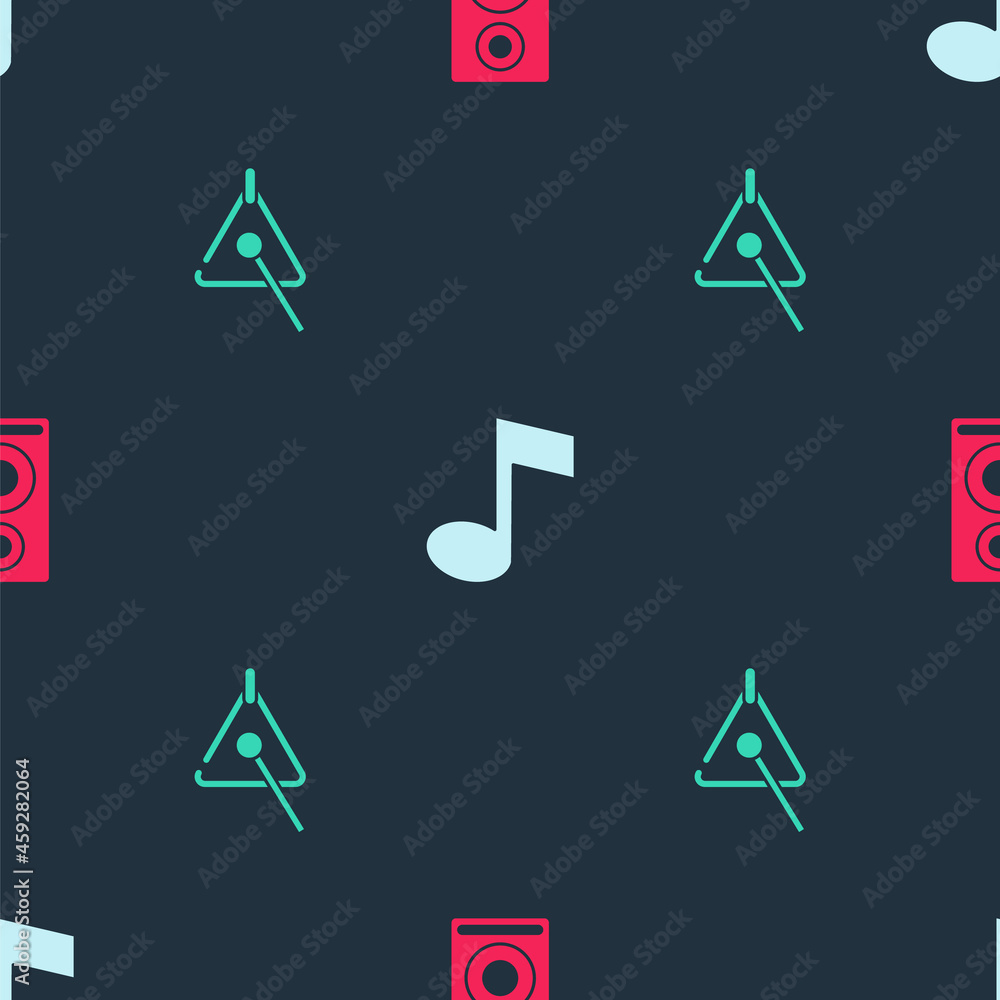 Poster set stereo speaker, music note, tone and triangle on seamless pattern. vector