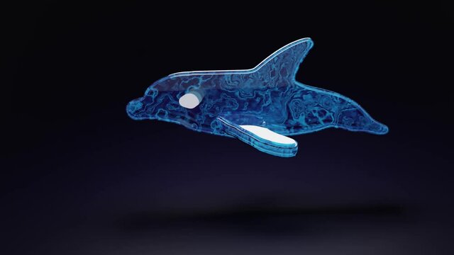 Dolphin on black background. Blue water texture. Animated texture. Dolphin swim in night ocean. 3D render